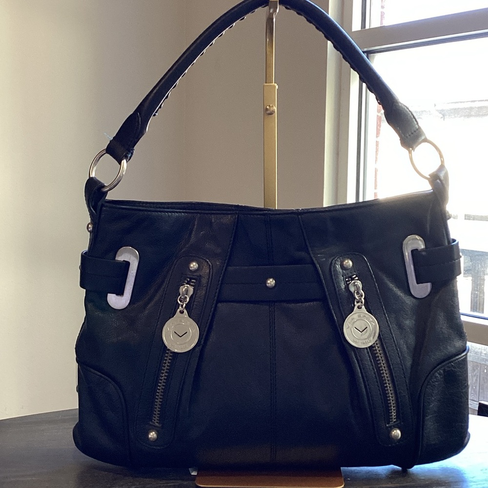 Via Spiga Black Leather Shoulder Bag with Silver Hardware